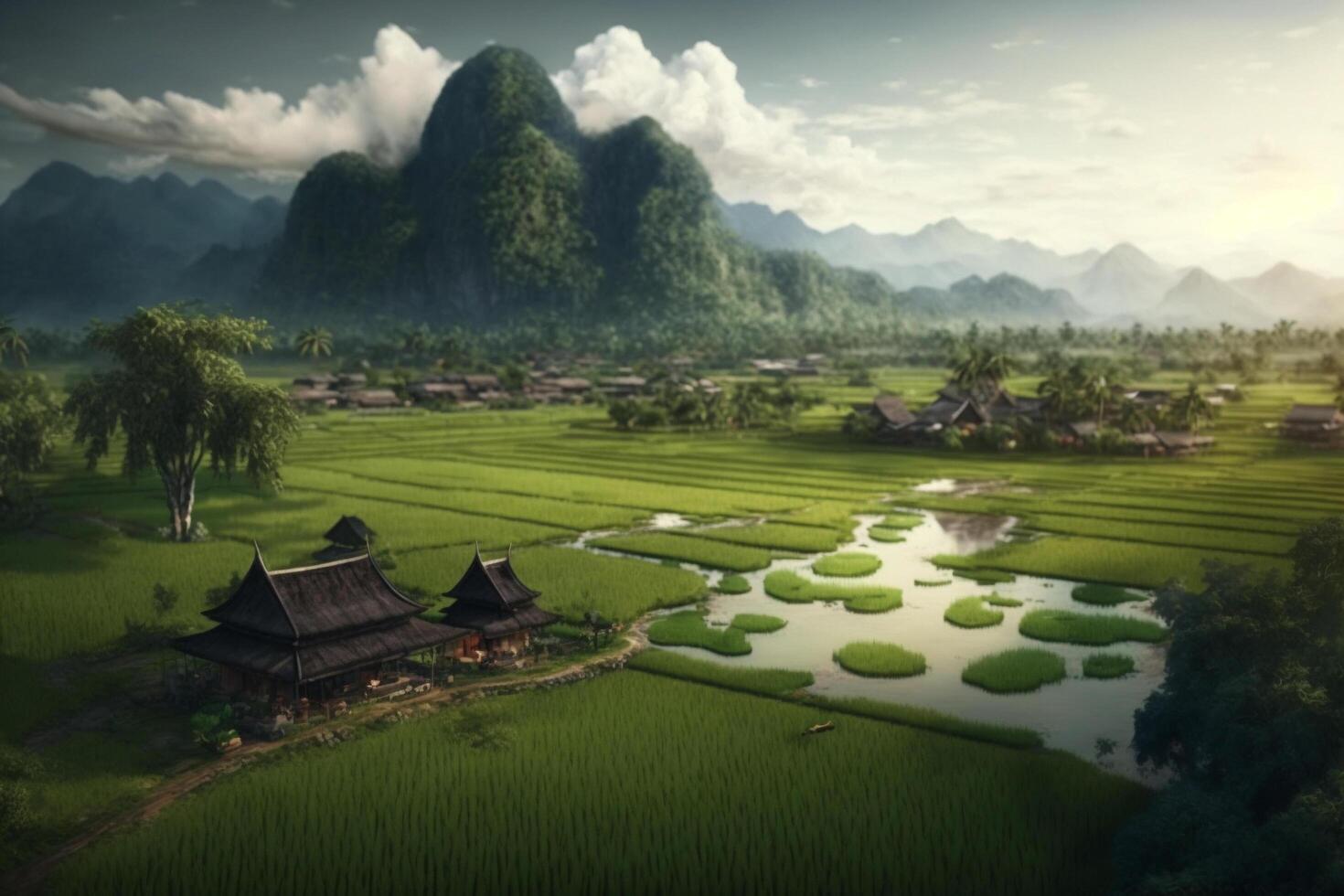 A small village in front of a large mountain, a painting of a rice field with mountains in the background, photo