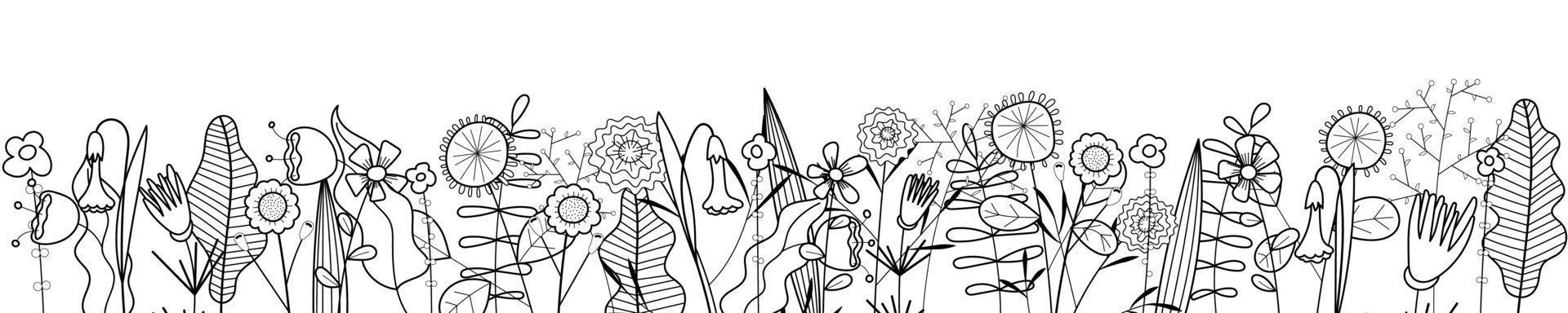 Flowers outline on white background. Hand drawn sketch wild blooms and herbs border. Delicate meadow linear flowers. Botanical abstracts frame base. Horizontal vector eps banner