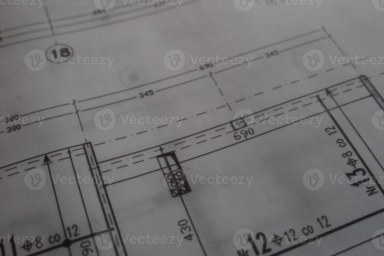 manual technical drawing made with a pencil on tracing paper photo