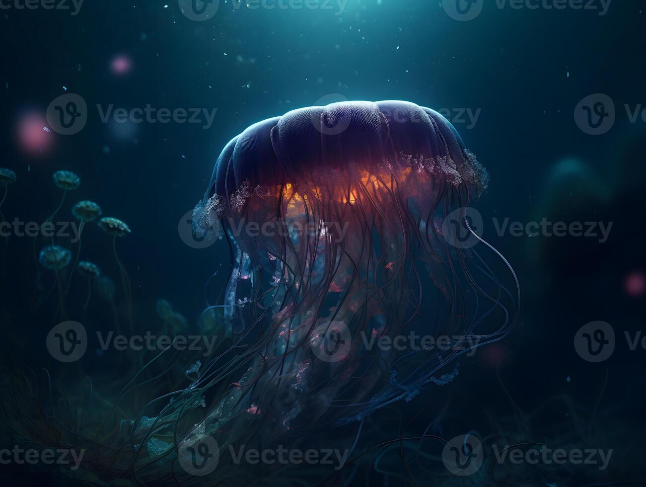 Glowing jellyfish swim deep in blue sea. Wallpaper. photo