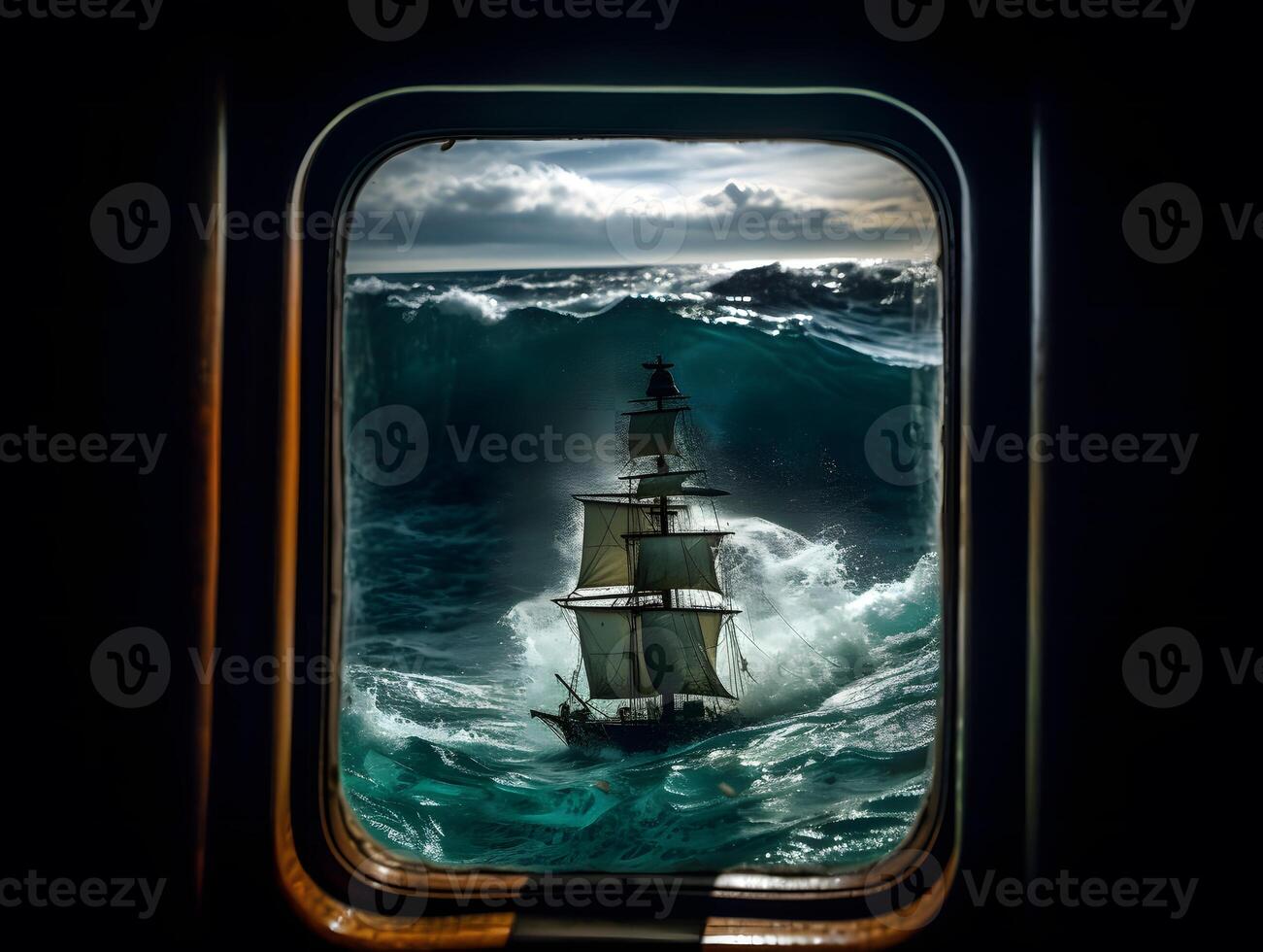 ancient ship in rough seas. photo