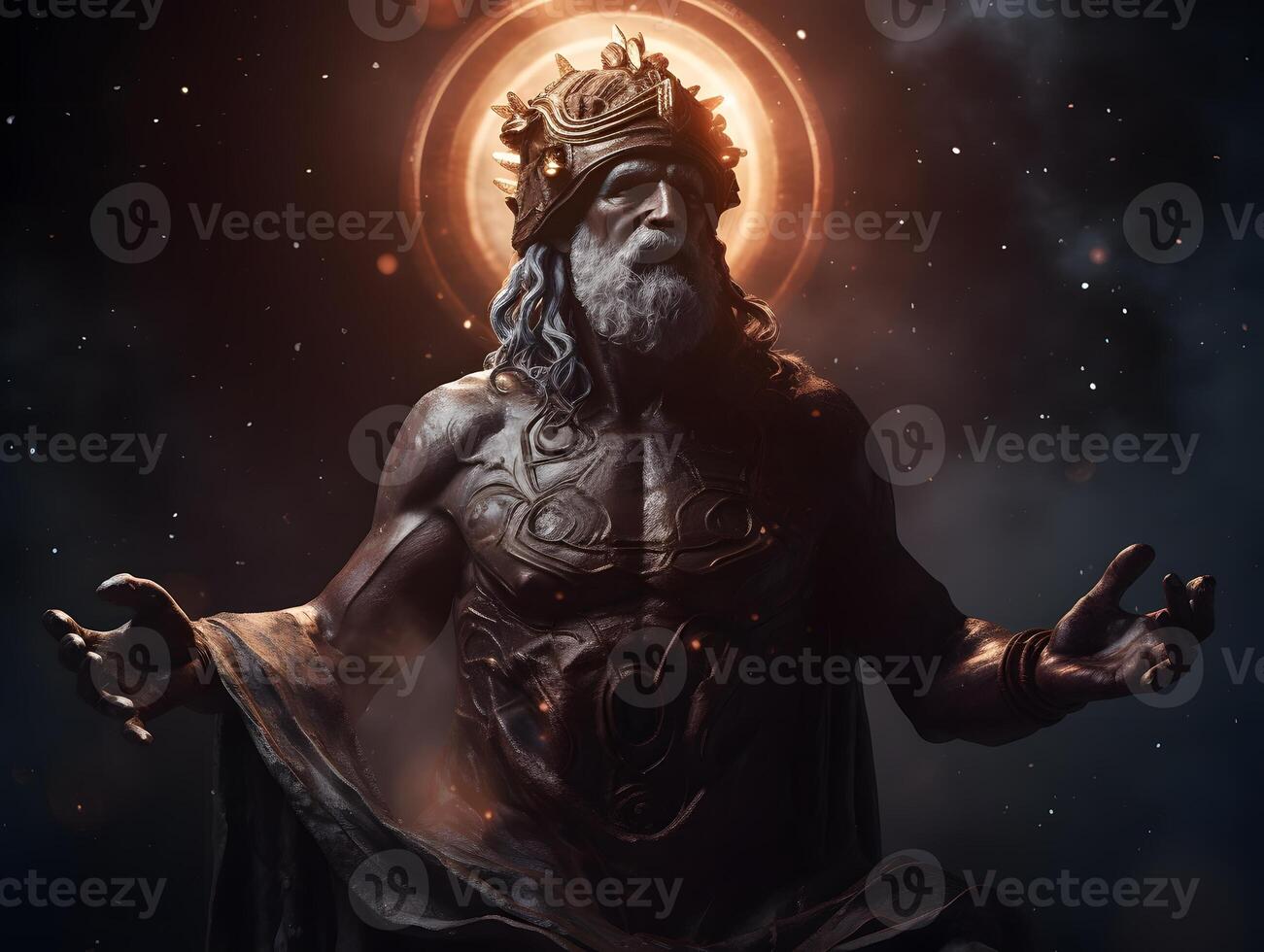 the Greek god darkness embodying, Erebus in ancient Greek vestments, the galaxy with the solar system as a background. photo