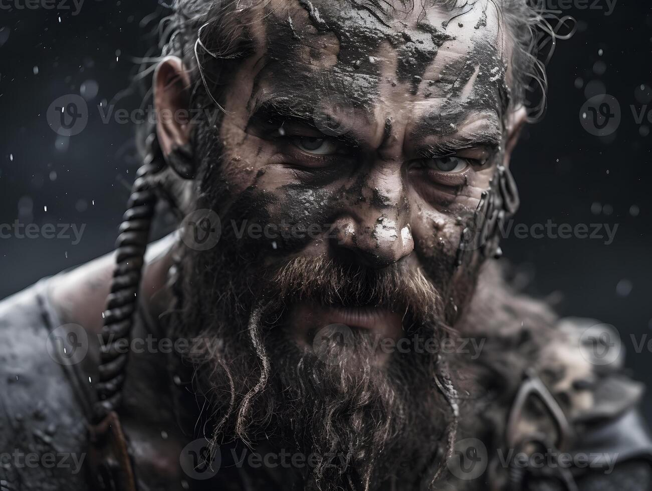 Close-up of Viking King emerging from wet black mud. photo