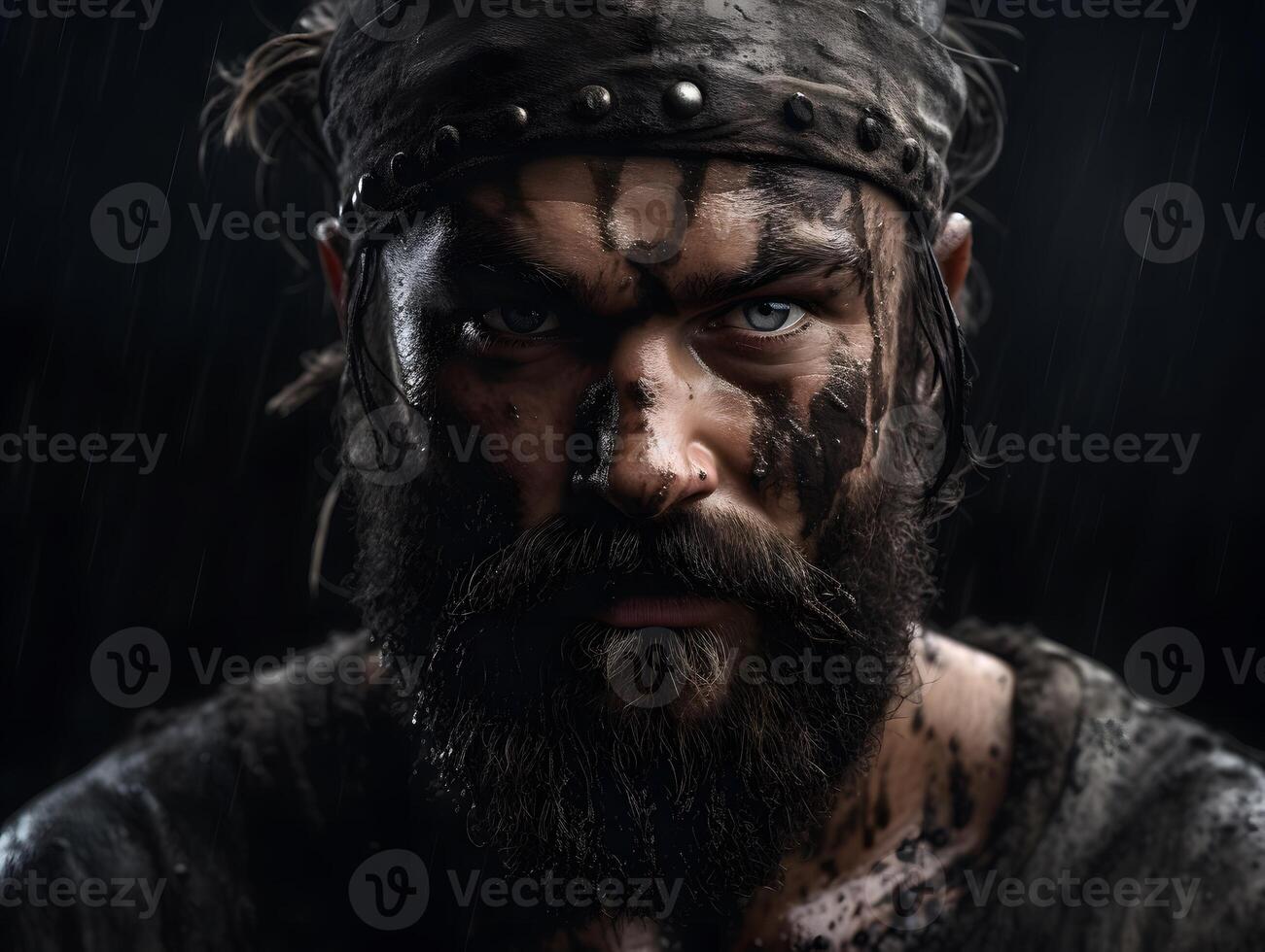 Close-up of Viking King emerging from wet black mud. photo