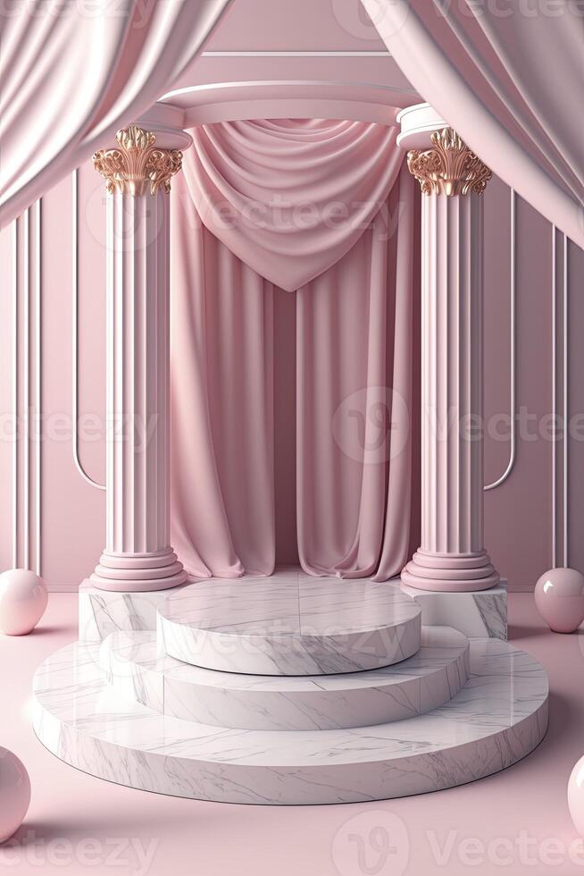 Circular marble pedestal with pink background. photo