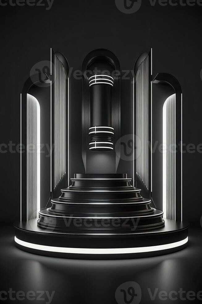 iluminado mármol pedestal con negro antecedentes. generativo ai foto