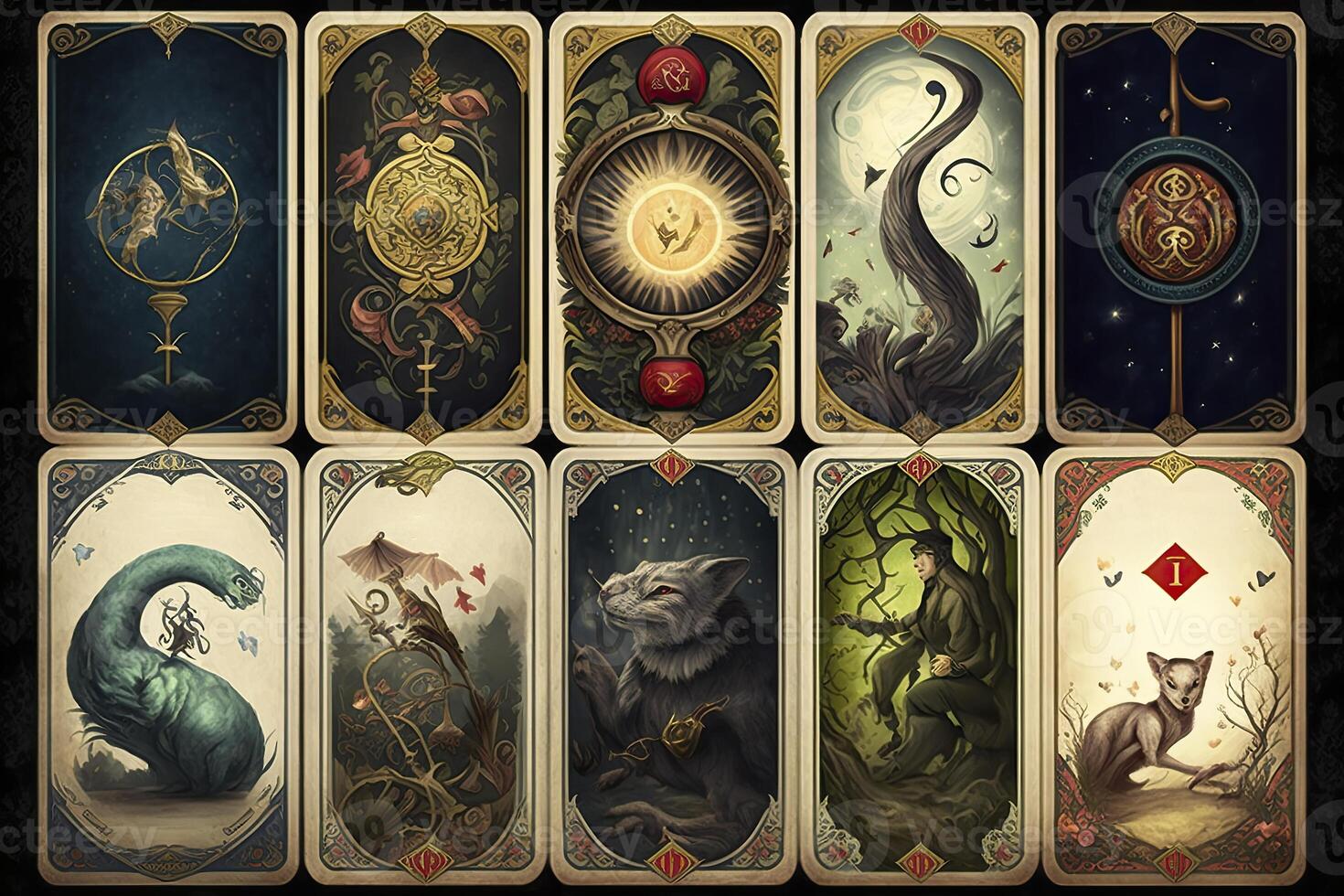 conjunto de tarot tarjetas Adivinación y fortuna narración. generativo ai foto