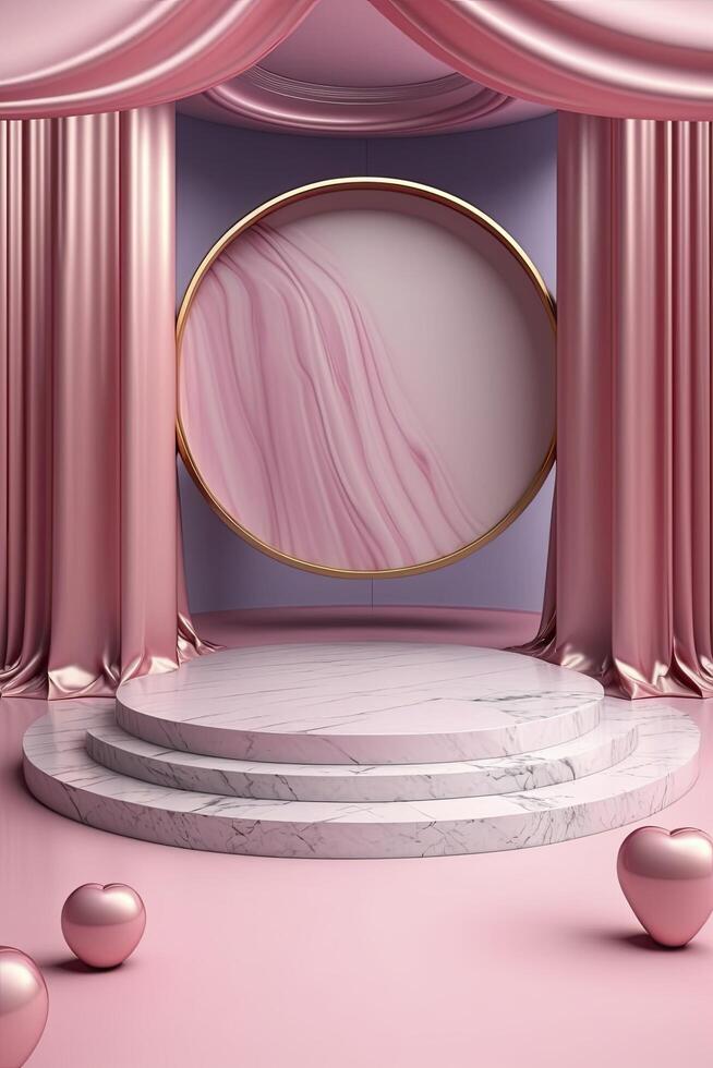 Circular marble pedestal with pink background. photo
