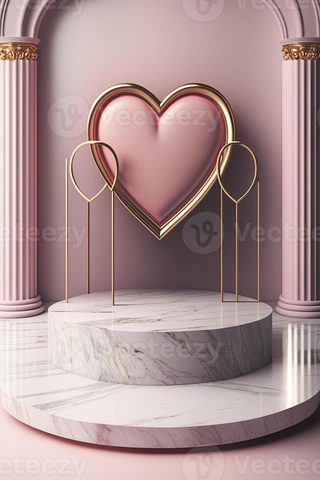 Circular marble pedestal with pink background. photo