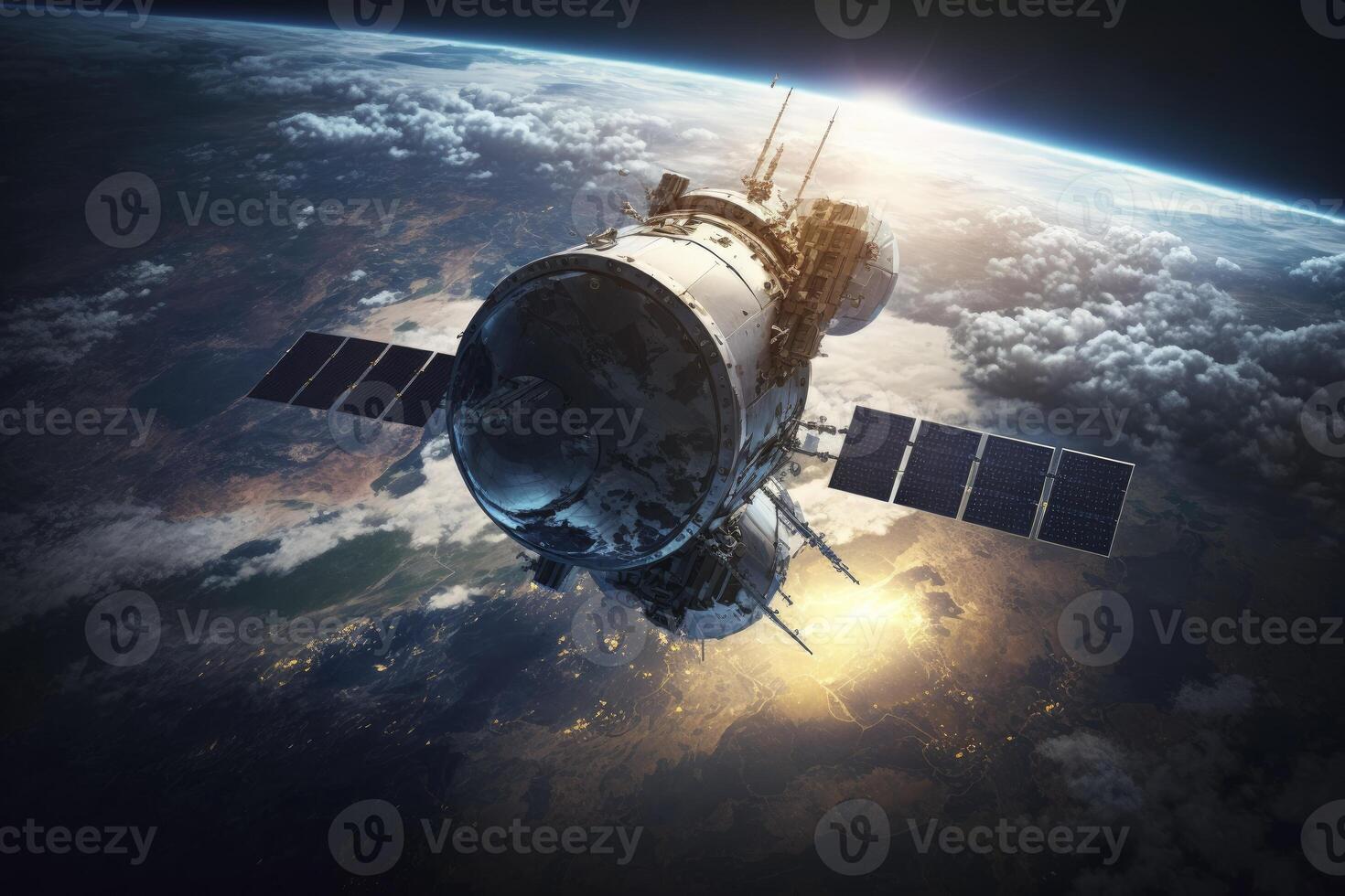 satélite en espacio con planeta en el antecedentes. generativo ai foto