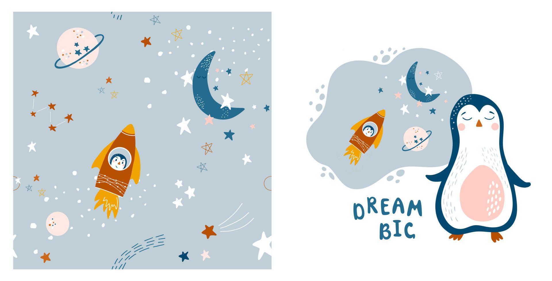 bebé cósmico conjunto de sin costura modelo y póster con pingüino cohete, luna, planetas y estrellas. mano dibujado estilo vector ilustraciones. linda huellas dactilares para interior decorando, tela, cumpleaños fiesta decoración.