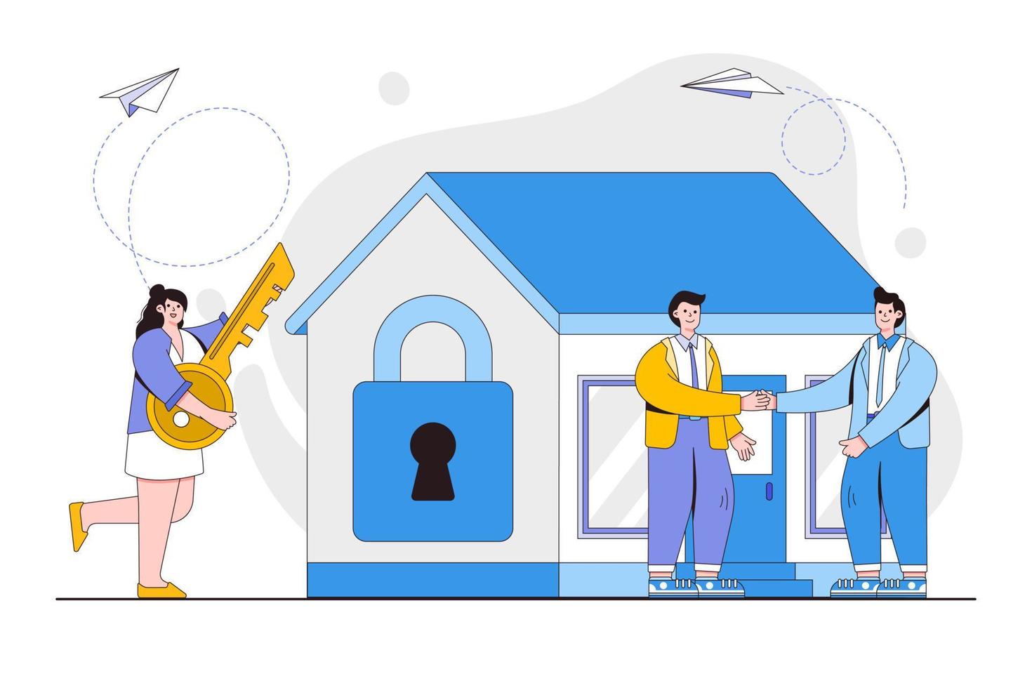 Character buying mortgage house and shaking hands with real estate agent. Outline design style minimal vector illustration for landing page, web banner, infographics, hero images