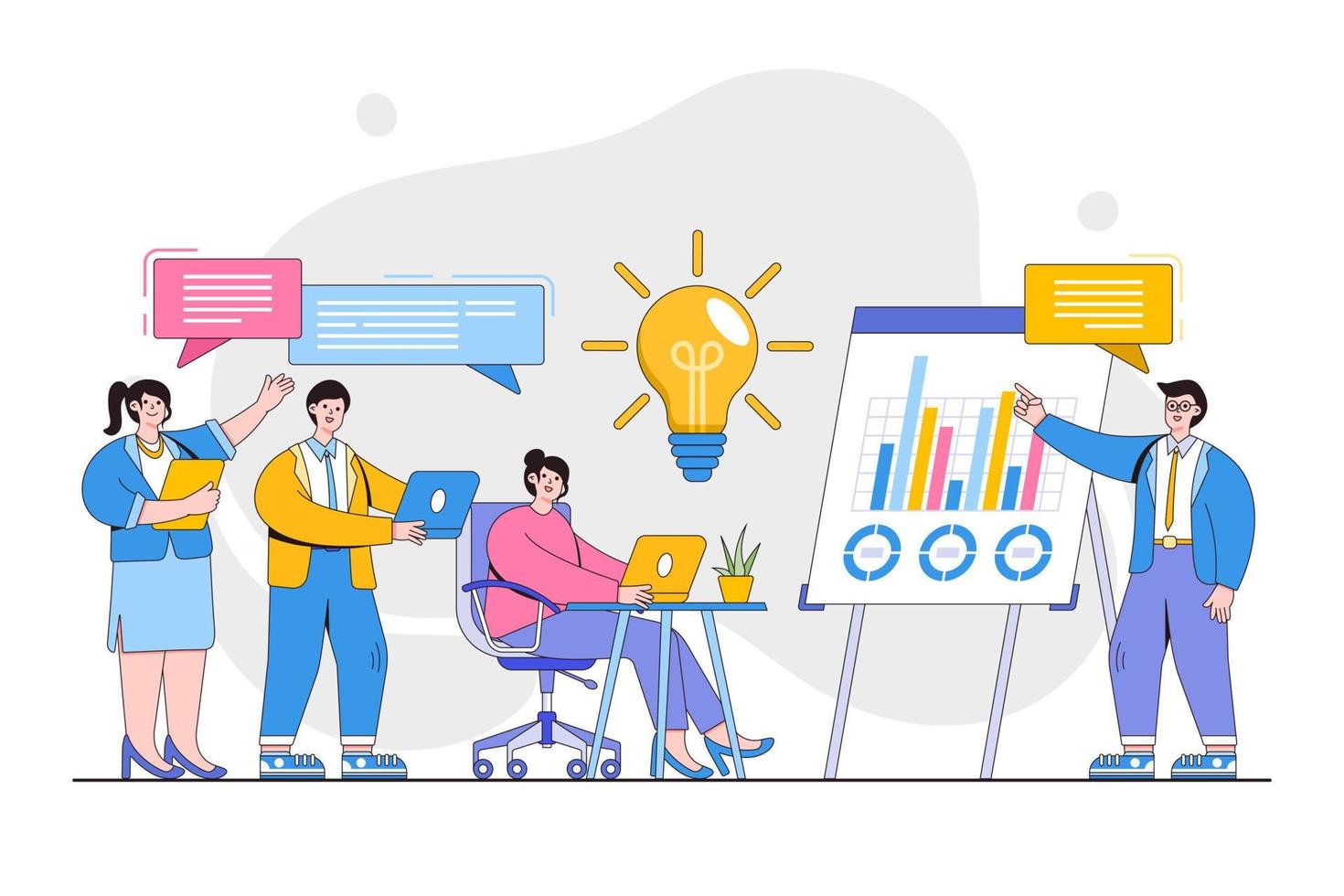 Group office workers have dialogue and communicate at workplace between colleagues. Coworking analyse and develop business strategy. Minimal vector illustration for landing page