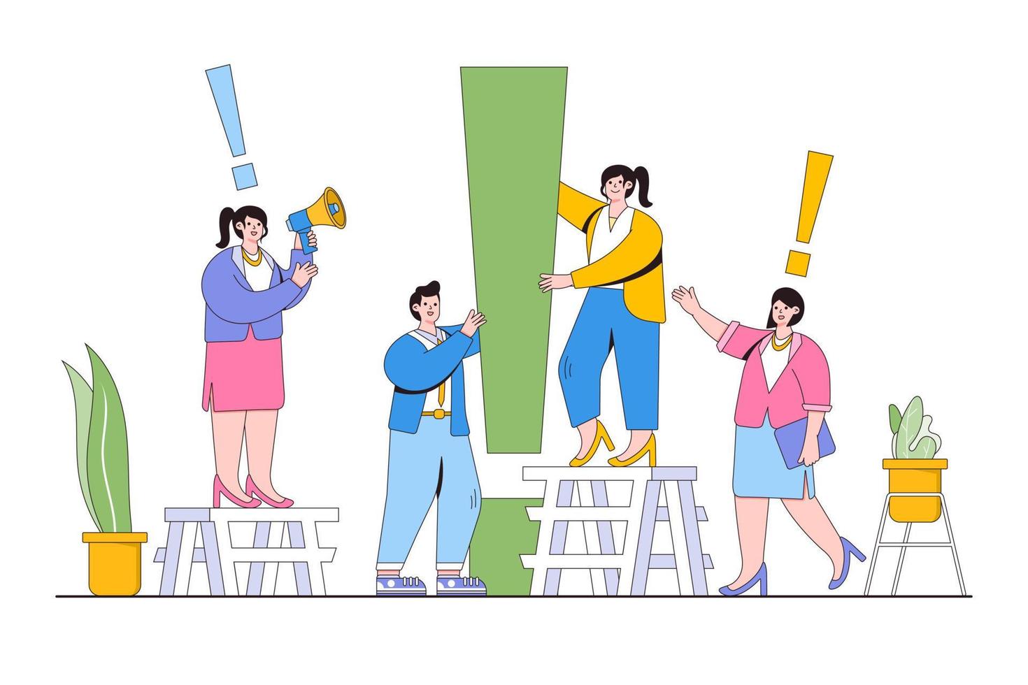 Problem solving question search for answer, big exclamation mark with people around, research concept. Outline design style minimal vector illustration for landing page, infographics, hero images