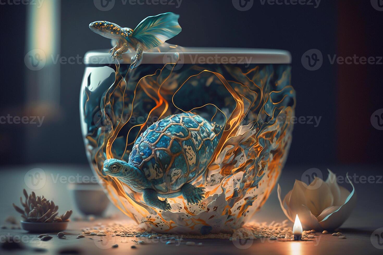 Turtle and salamander inside a clear blue orange glass bowl beside candle light. illustration. photo
