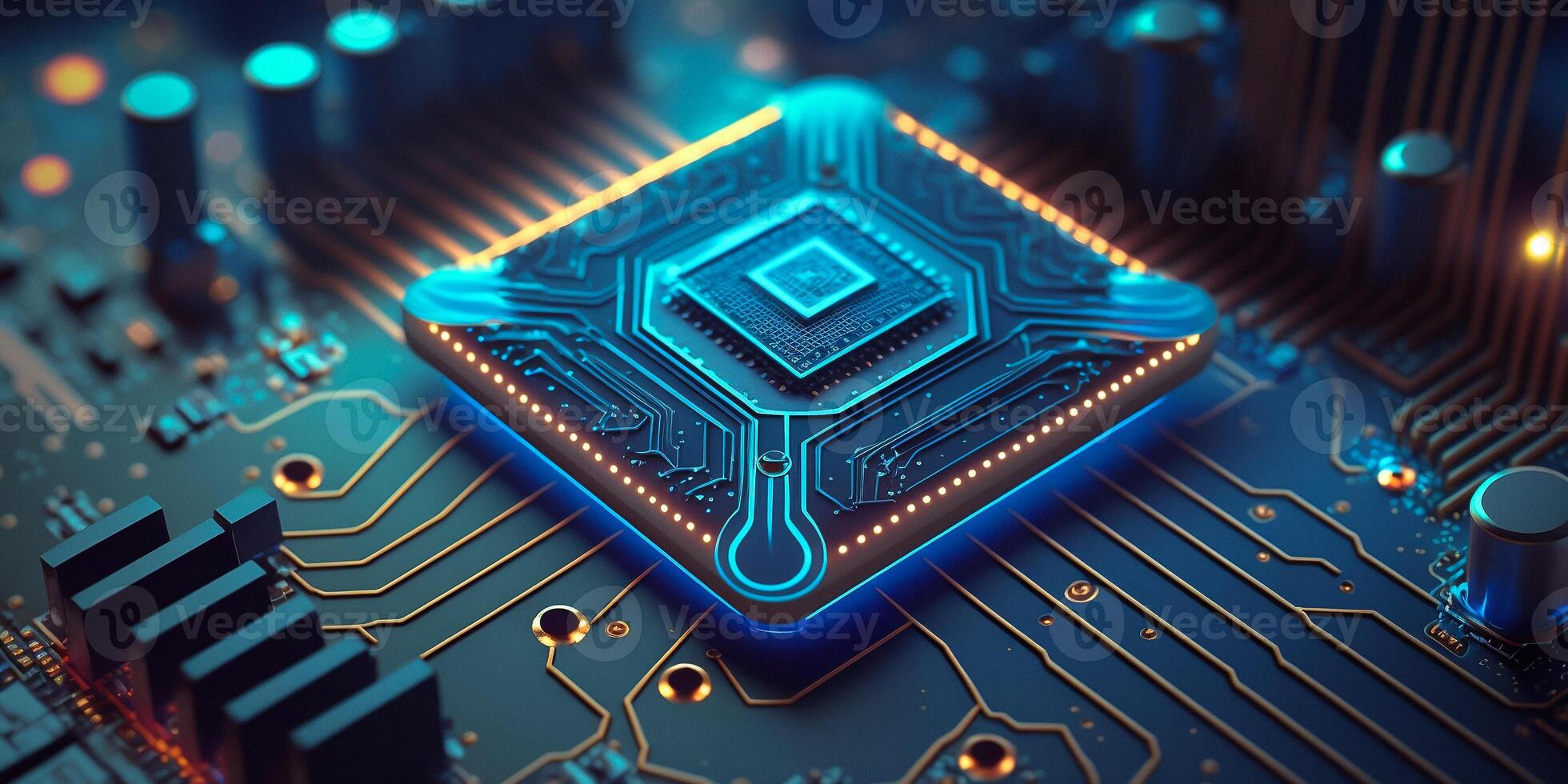Futuristic electronic microchip circuit board close up concept illustration. illustration. photo