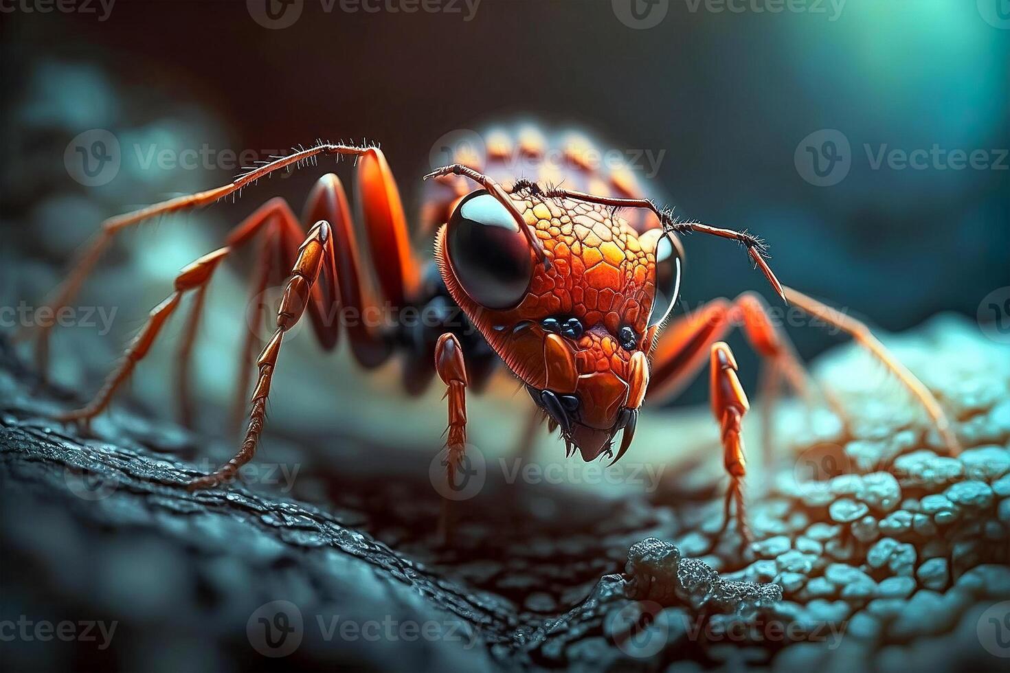 A close up of red fire ant on rough surface surrounded by defocused environment. Ants macro photography. illustration. photo