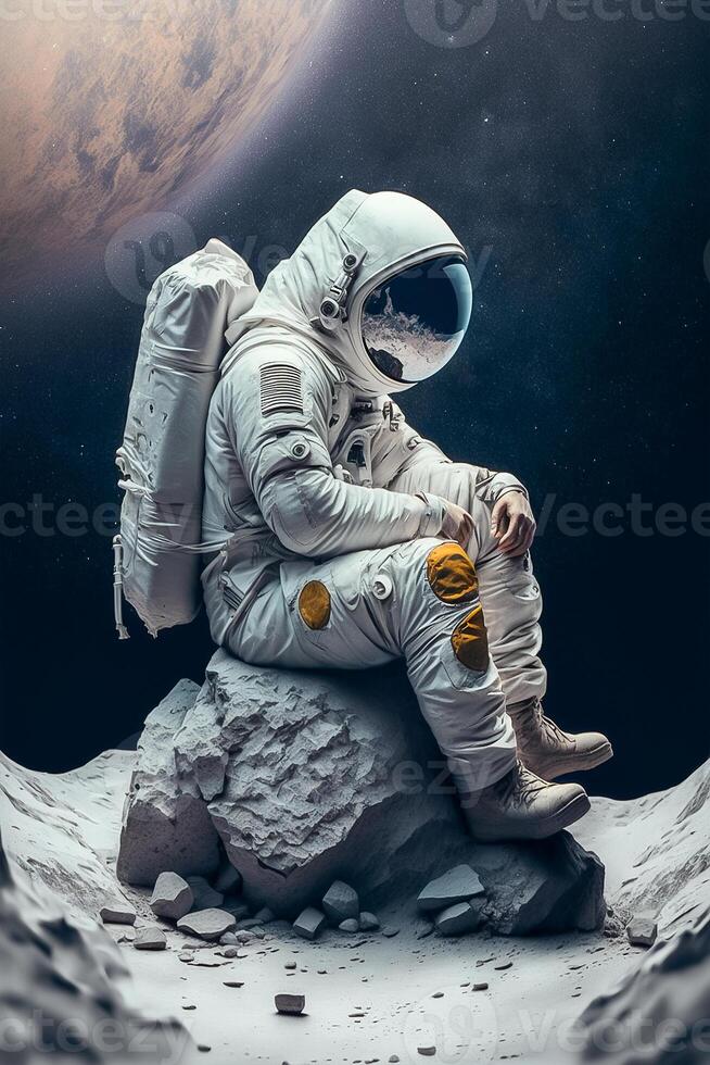 Man in astronaut suit sitting on the cracked stone with outer space and galaxy background. Photorealistic sci-fi spaceman. illustration. photo