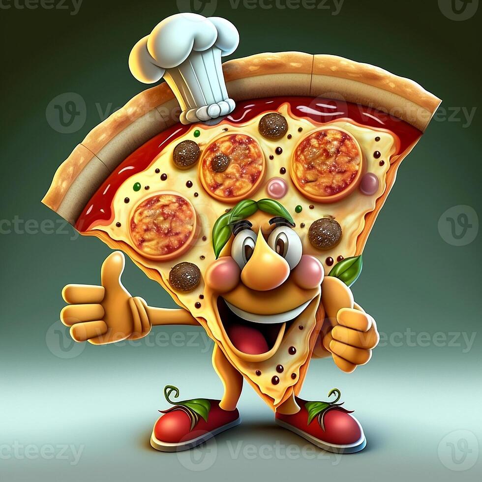 Cute 3D pizza mascot cartoon wearing chef hat performs thumbs up gesture. illustration. photo