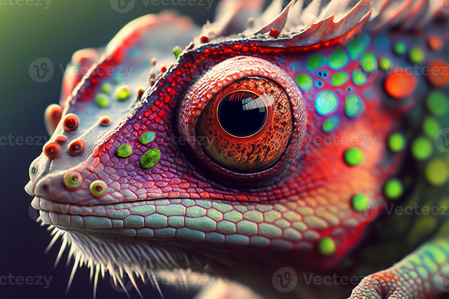 Close up portrait of colorful vibrant chameleon on tree branch with defocused environment background. illustration. photo