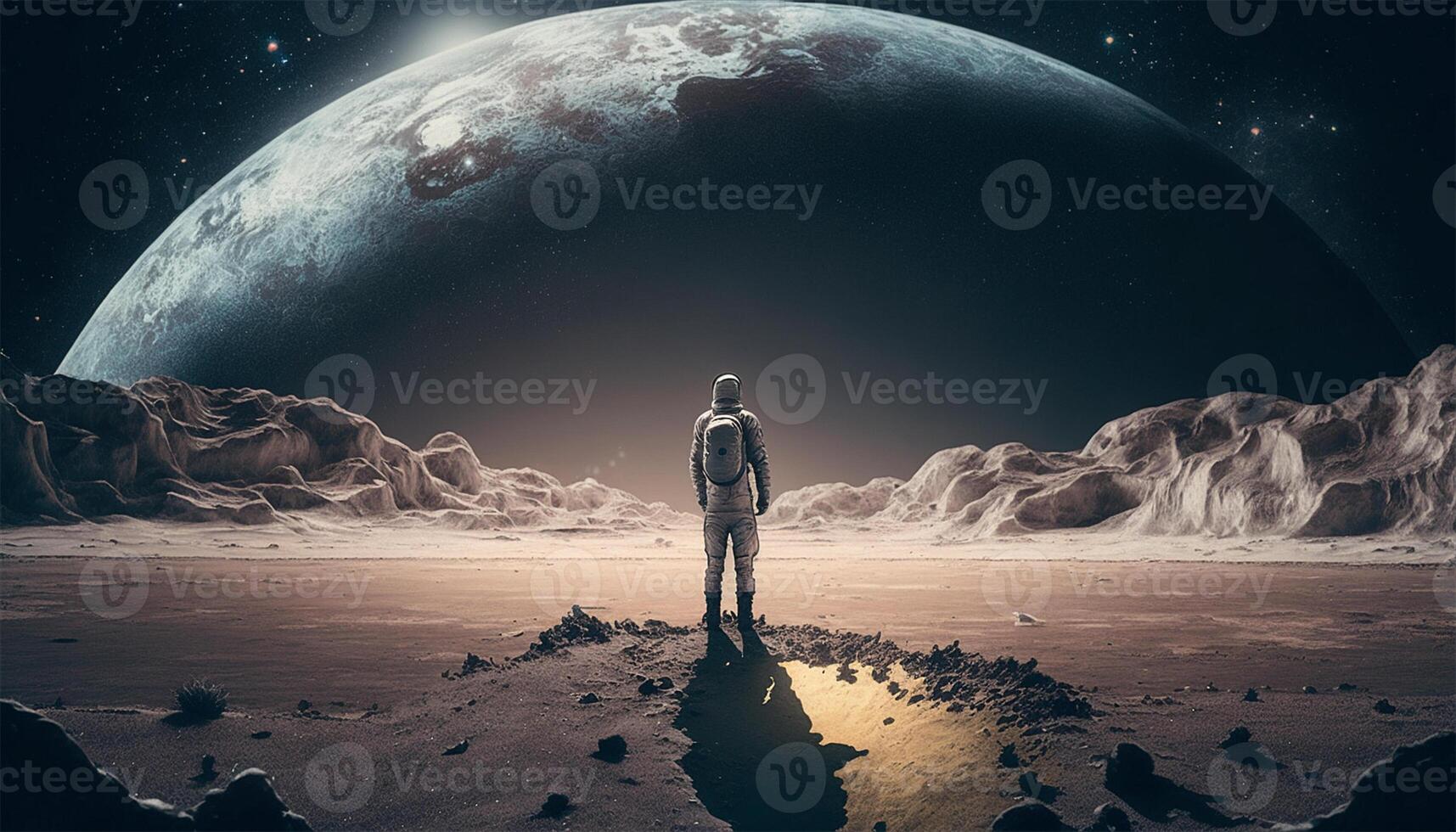 Astronaut standing on deserted land look at another planet. Space travel and exploration concept. illustration. photo
