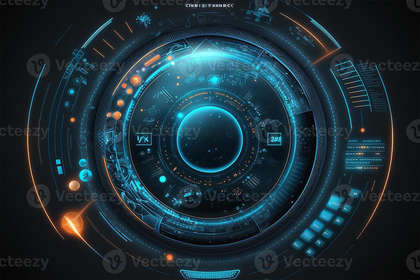 Futuristic HUD circle technology concept background. Circular virtual HUD element of data, storage, cloud computing and cyber security system. illustration. photo