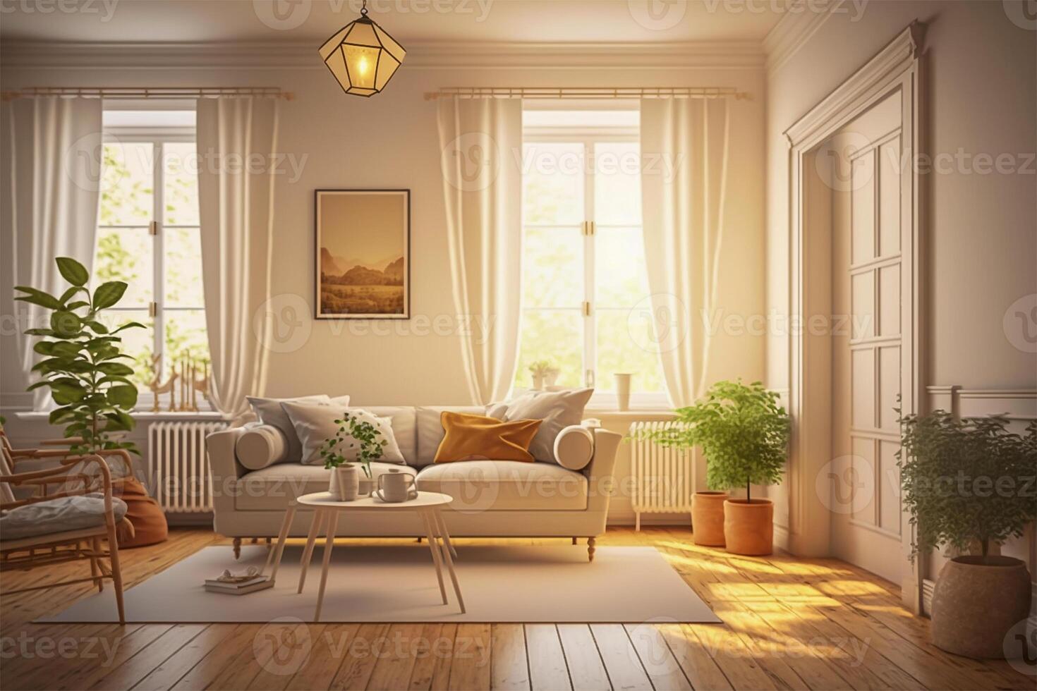 Cozy modern style living room with sunlight shines into the room. Minimalism interior design 3D render. . photo