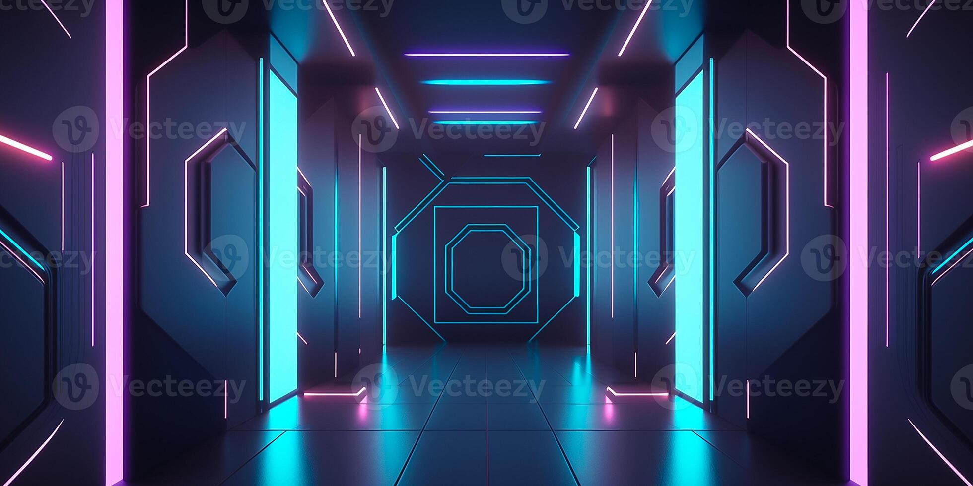 Futuristic sci fi neon light glowing inside spaceship tunnel room stage hall. illustration. photo