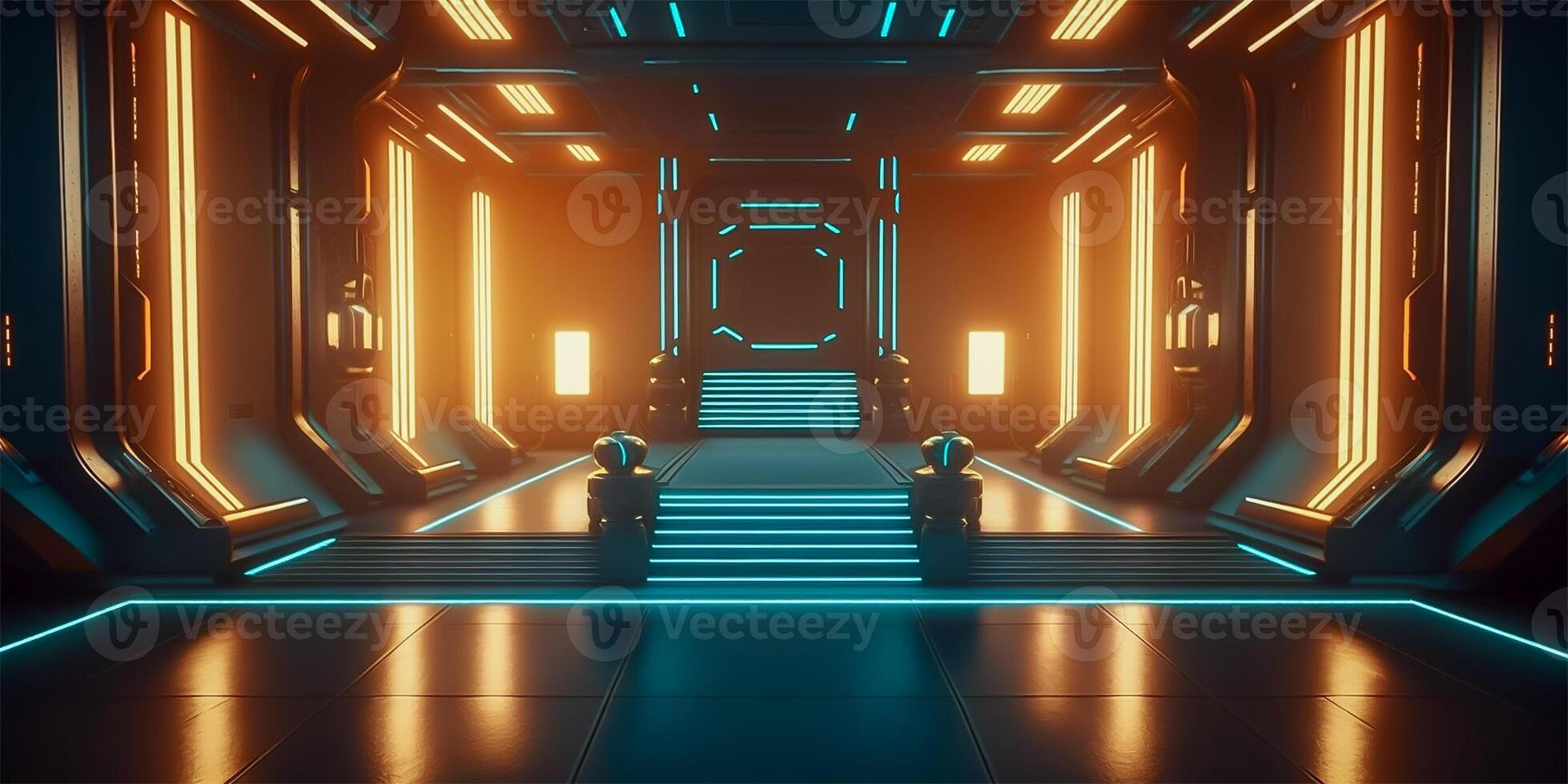 Futuristic sci fi neon light glowing inside spaceship tunnel room stage hall. illustration. photo