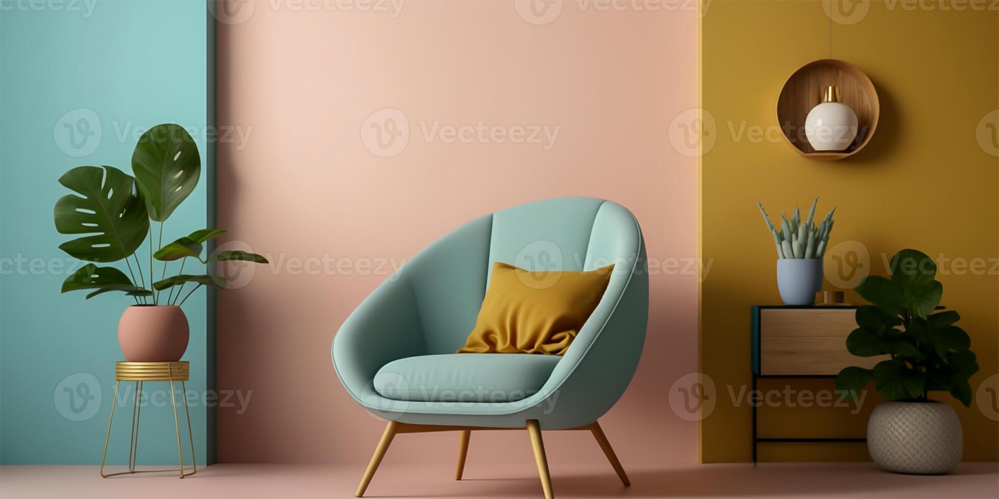 Modern wooden living room armchair on empty pastel colored wall background. Minimalist interior design. . photo