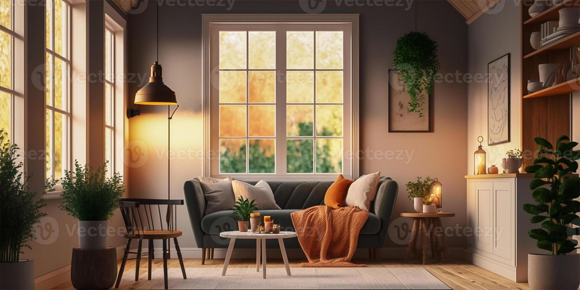 Cozy modern style living room with sunlight shines into the room. Minimalism interior design 3D render. . photo