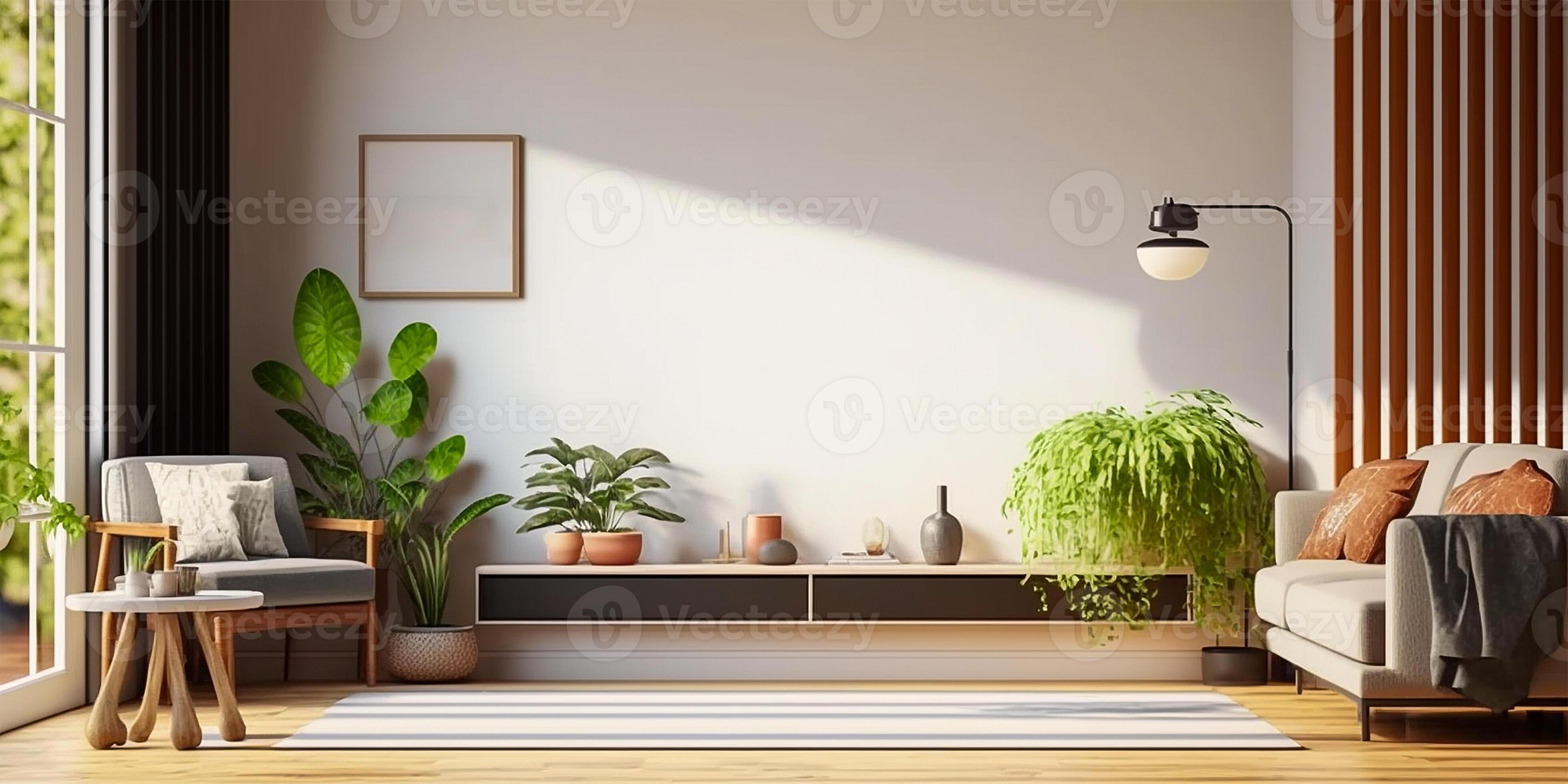 Large empty wall frame mockup with modern living room interior