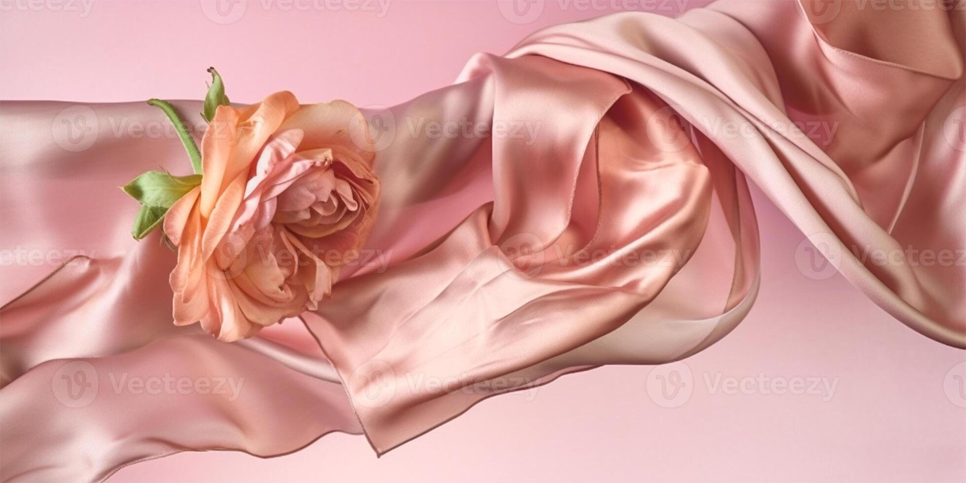 Abstract rose gold silk cloth flying in motion on mid air. Premium luxury background, illustration. photo
