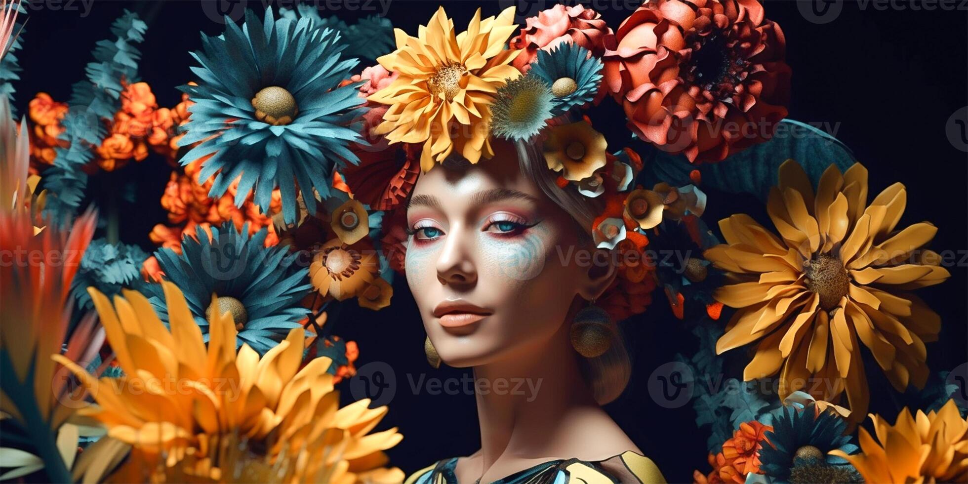 Portrait of beautiful women isolated on pastel floral composition. . photo