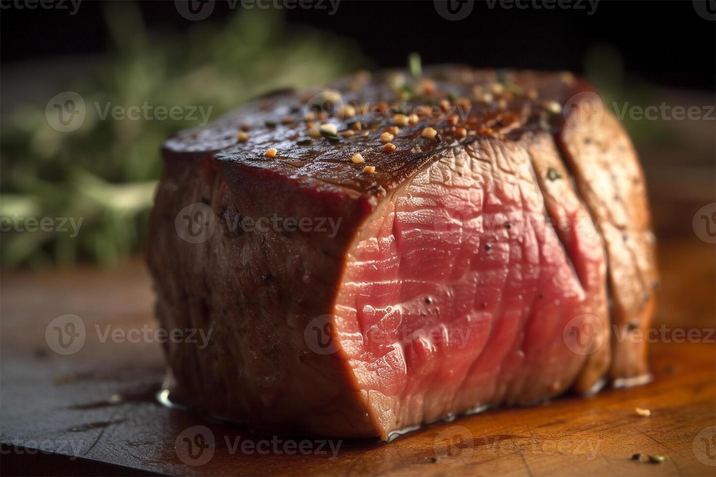 Raw Organic Beef Filet Mignon over a wooden counter on dark background. photo