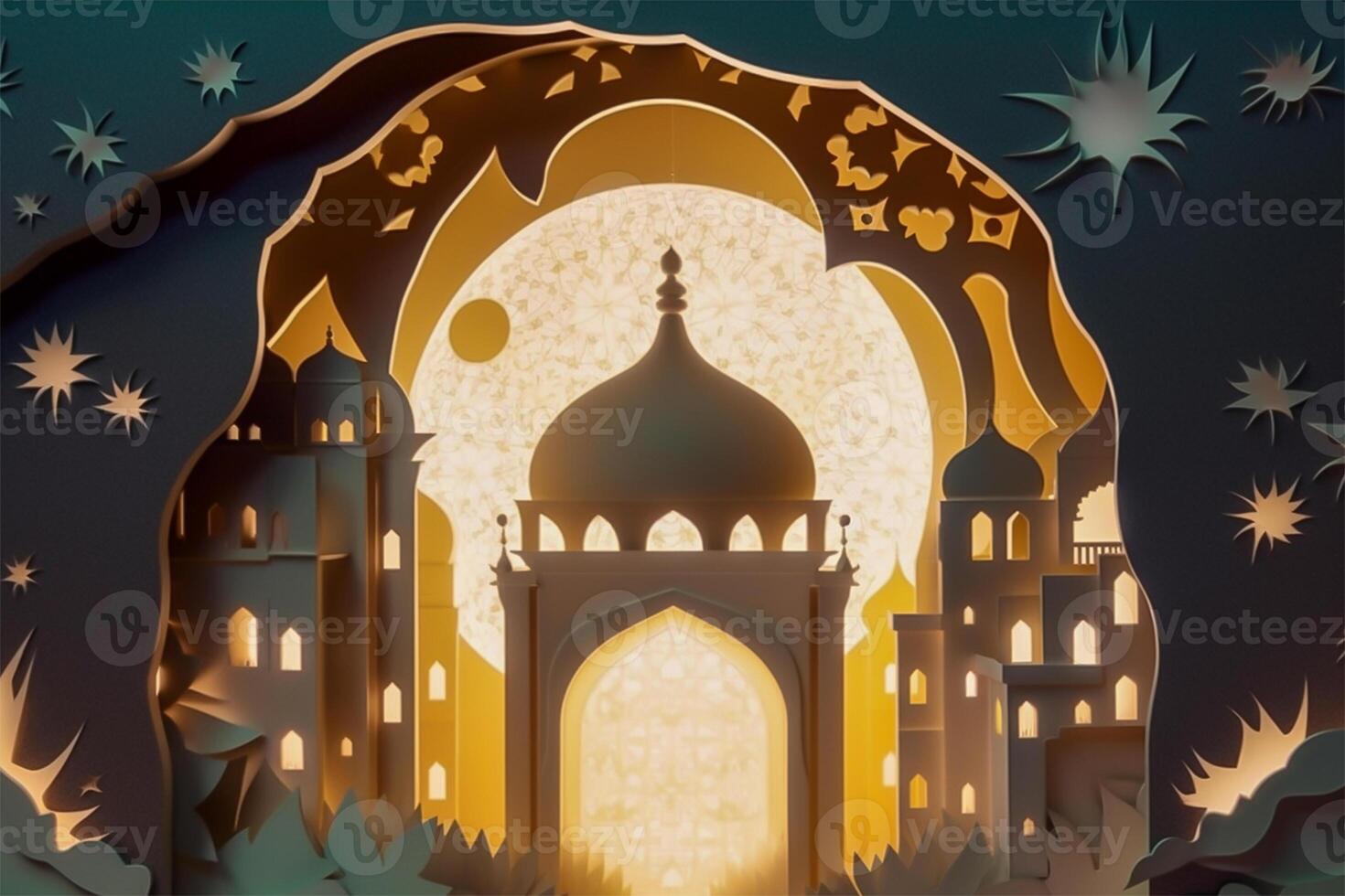 Islamic ramadan background in papercut style. Eid al fir paper craft background. . photo