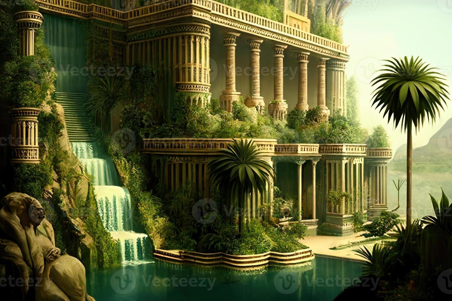 Fictional digital illustration of the Hanging Gardens of Babylon. . Digital Art Illustration 