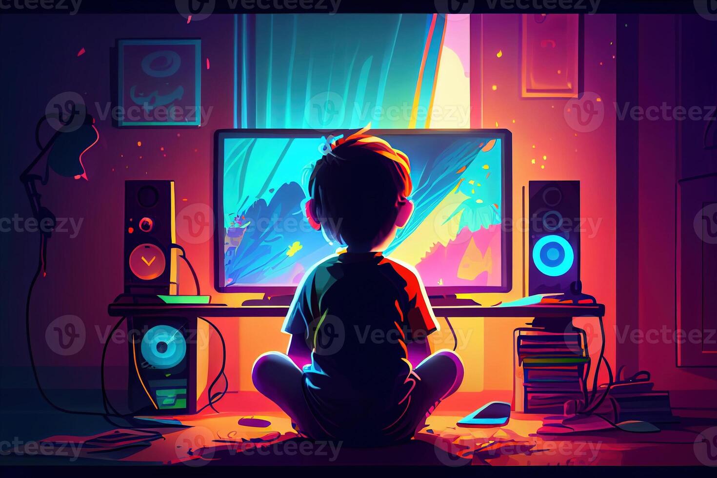 Kid playing video games in his room. . Digital Art Illustration photo