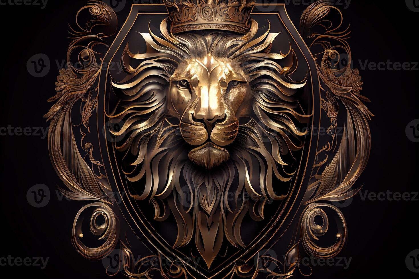 Golden Lion Head with Crown in Decorative Shield on Black Background. . Digital Art Illustration photo
