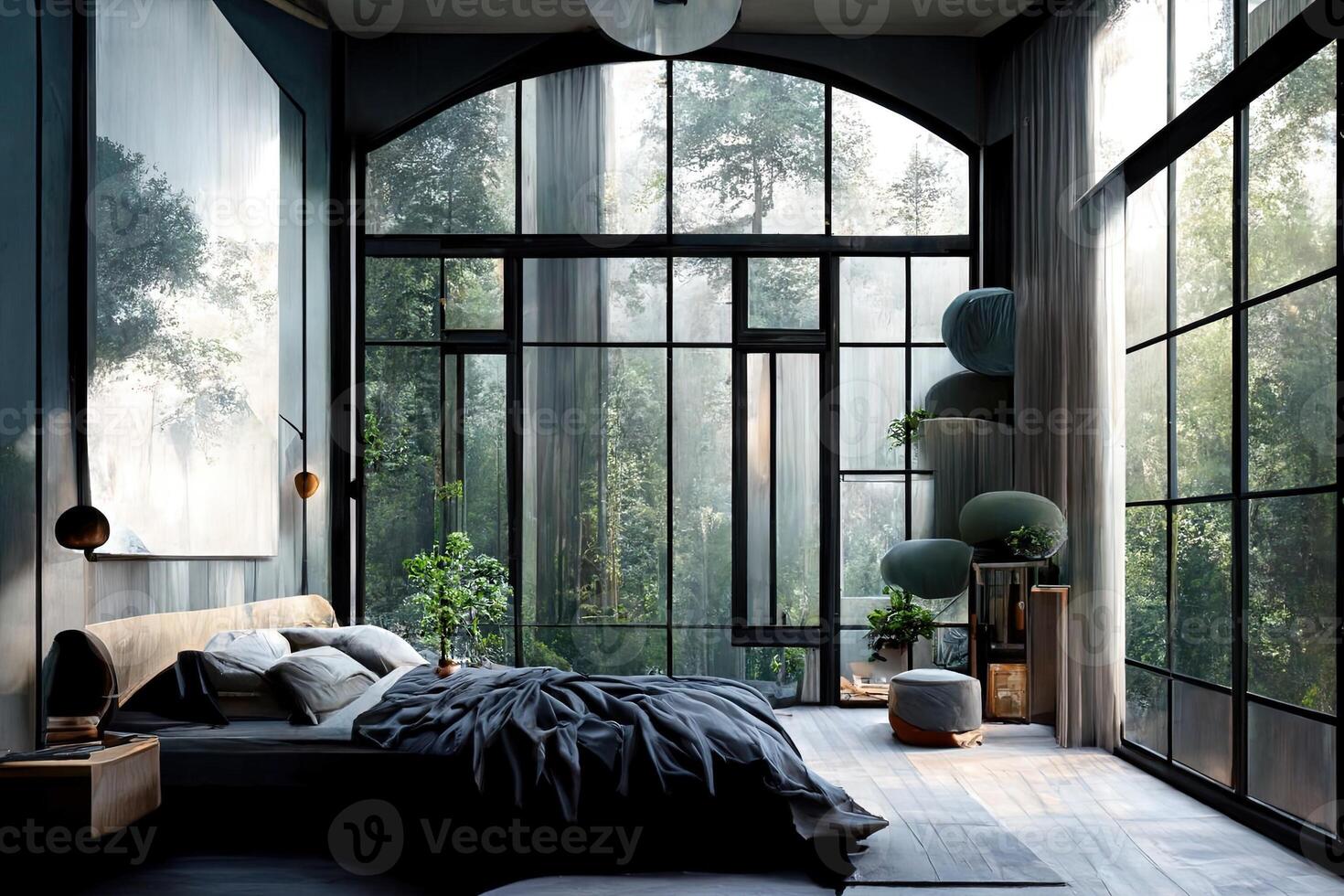 Modern bedroom with big french windows. . Digital Art Illustration photo