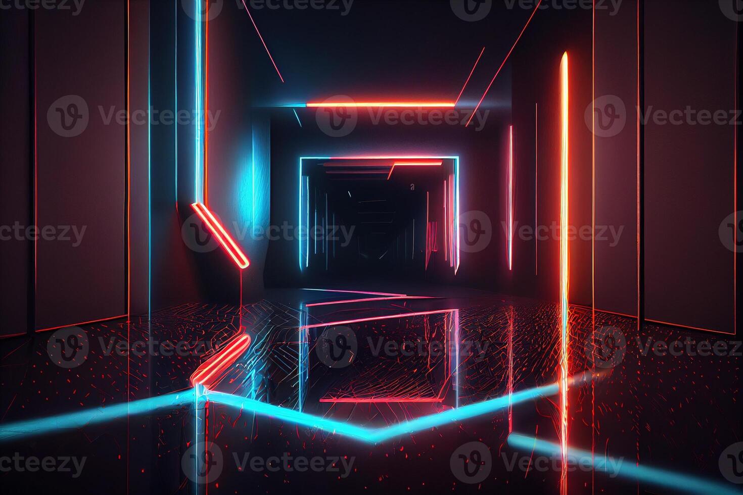 Abstract dark neon geometric background with dark empty room. Glowing laser lines, neon light reflection, futuristic technology. . Digital Art Illustration photo