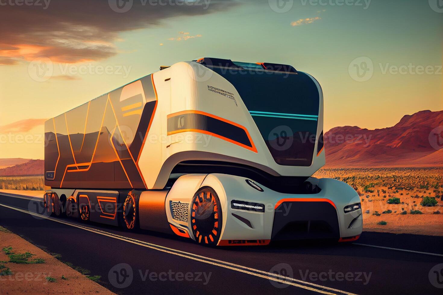 Driverless autonomous truck on the road. . Digital Art Illustration photo