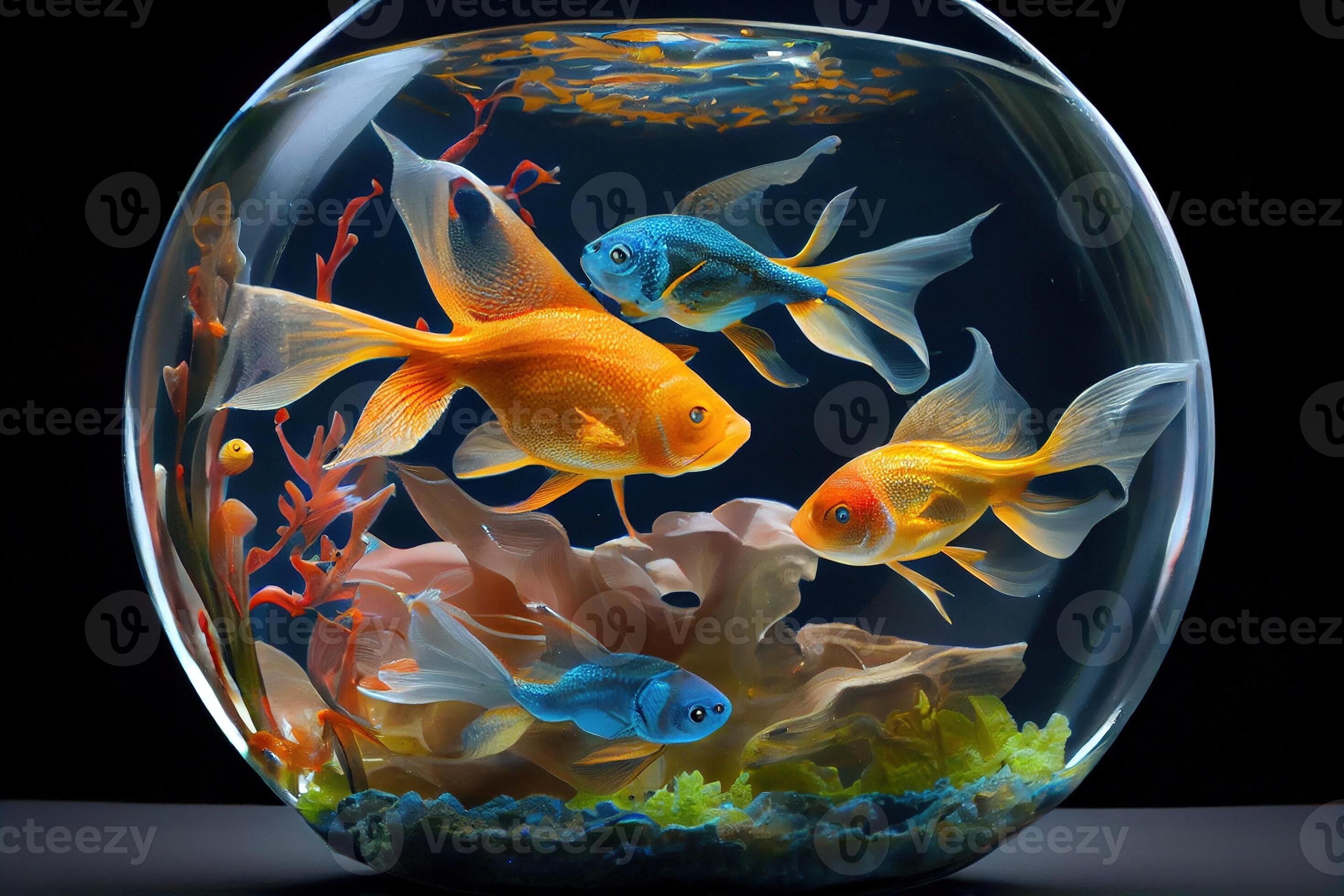 Colorful Fish Swimming In Fishbowl, Beautiful fish in round glass