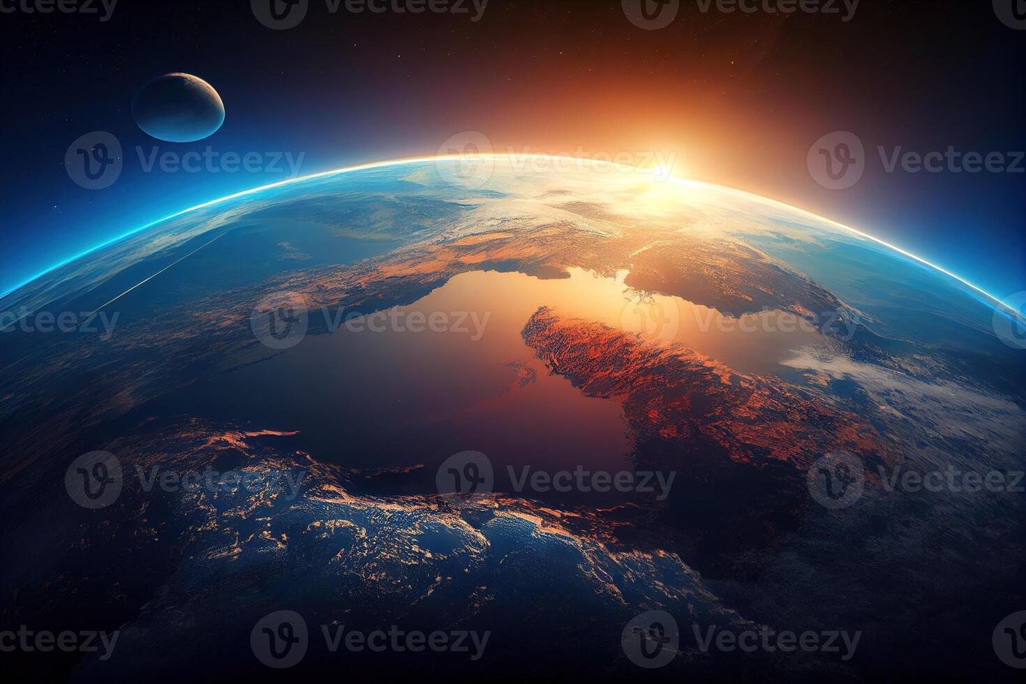 Sunrise over the Curvature of the Planet Earth. . Digital Art Illustration photo