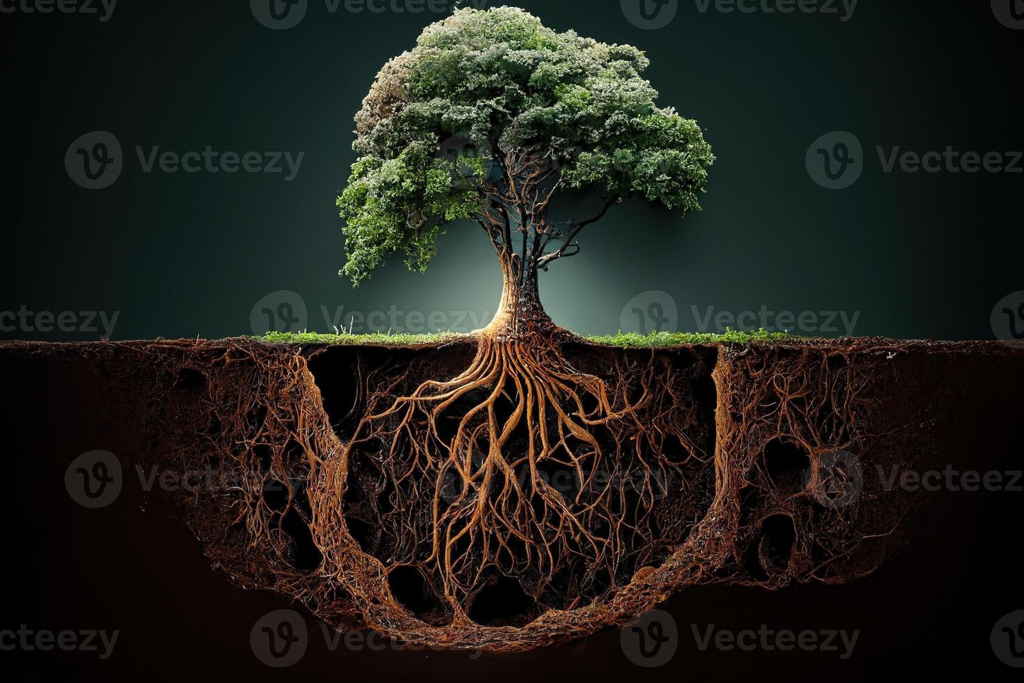 Tree root system growing down into soil. . Digital Art Illustration photo