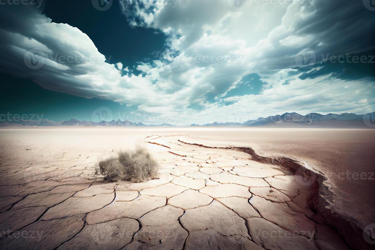 Dried Lake Bed and Dusty Sky Covered in Clouds. . Digital Art Illustration photo