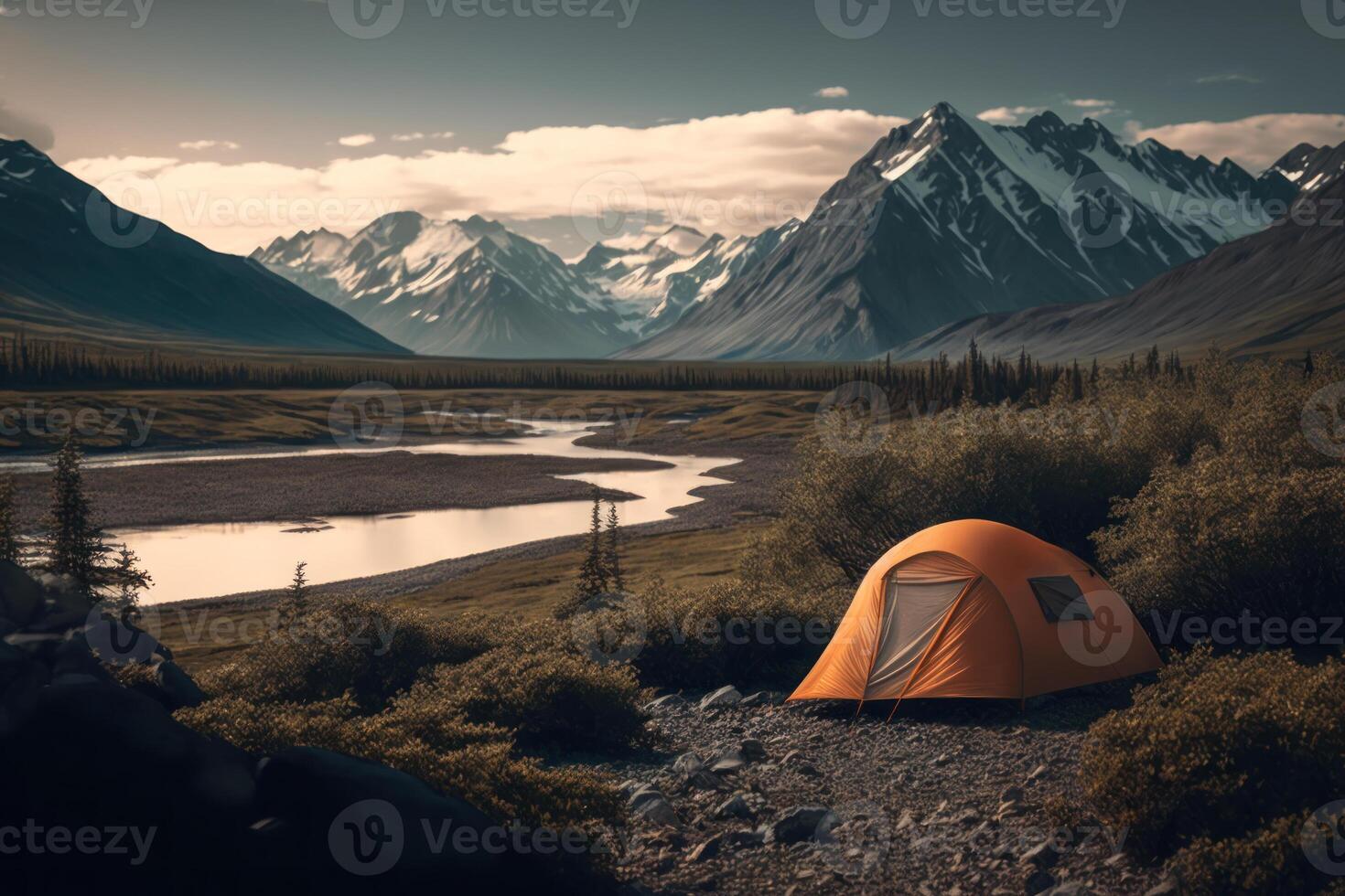 active holidays in the mountains camp, tent on the background of a mountain landscape photo