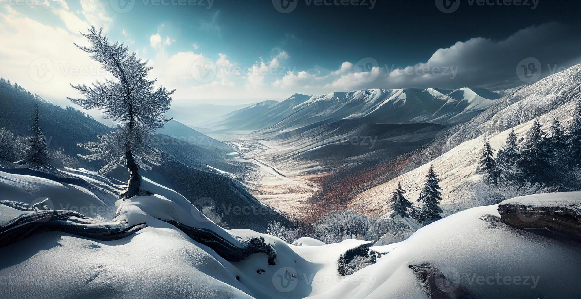 invierno panorama Nevado montañas, nevadas picos - ai generado imagen foto