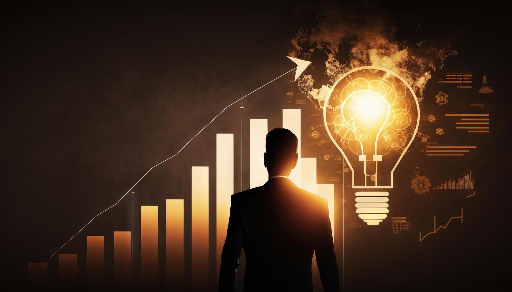 a silhouette Businessman holding creative light bulb with growth graph. photo