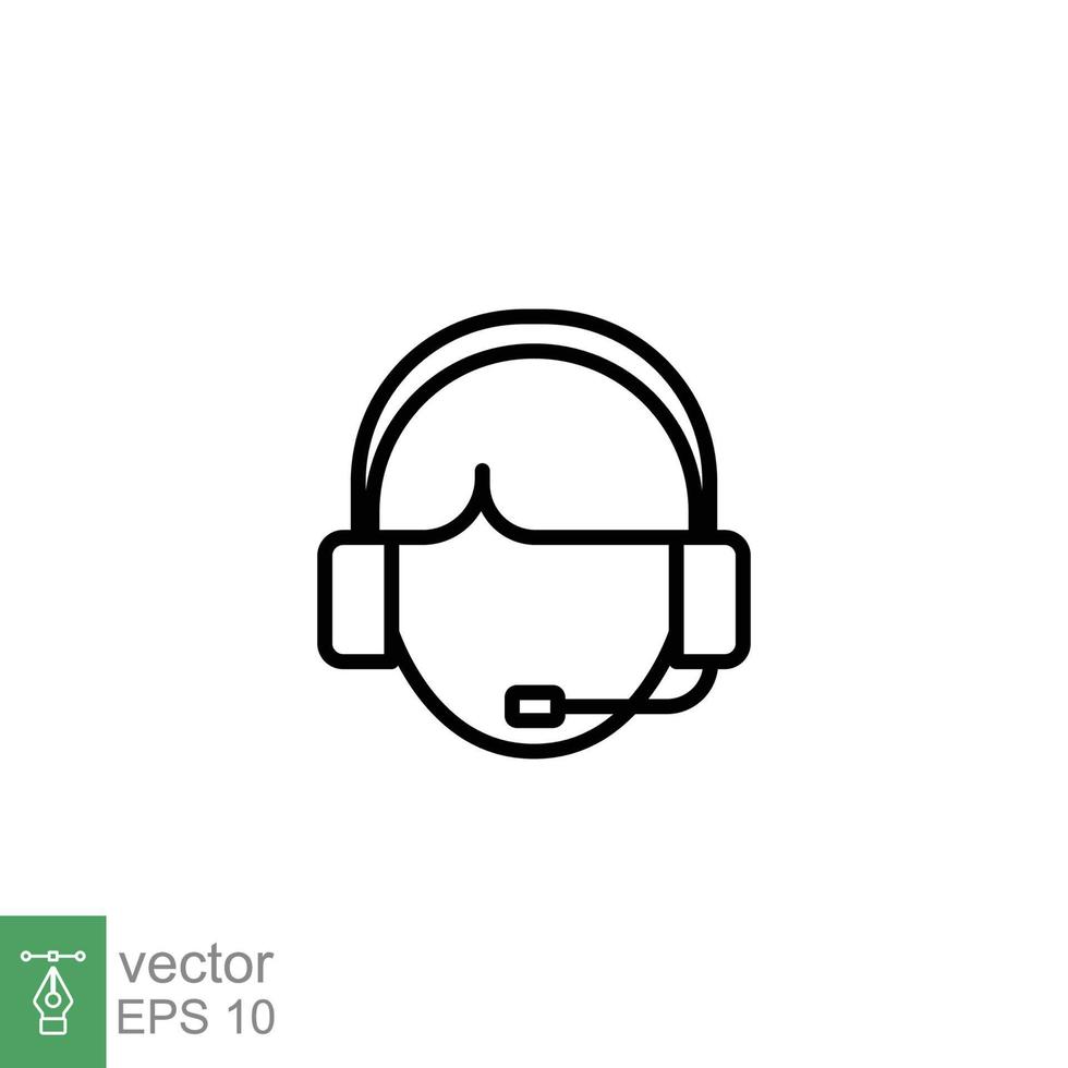 Call center operator icon. Happy operator, hotline service support in headset concept. Simple outline style. Thin line symbol. Vector illustration isolated on white background. EPS 10.